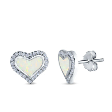 Halo Heart Stud Earrings Lab Created White Opal Simulated CZ 925 Sterling Silver(12mm)